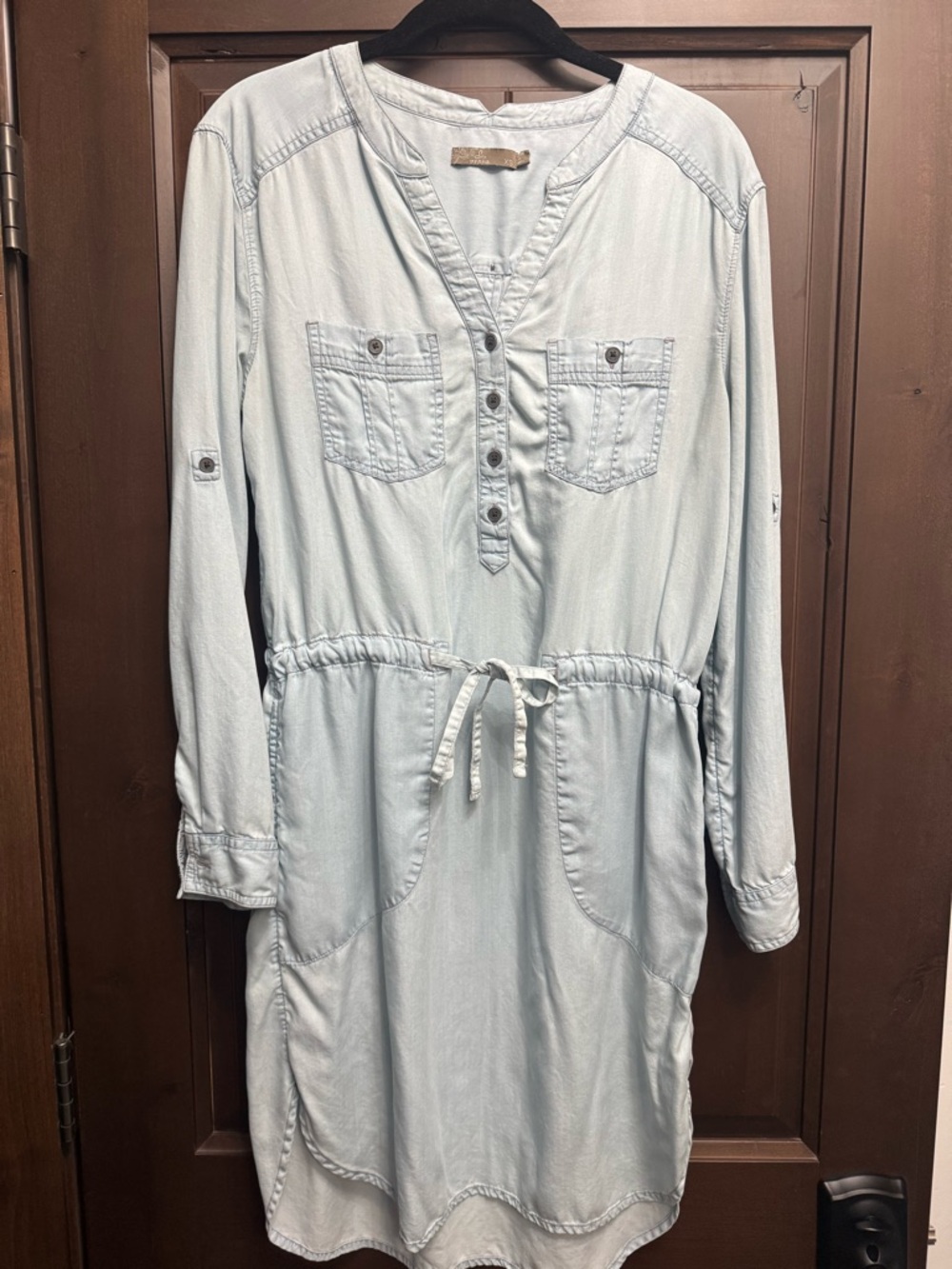 prAna Light Blue TENCEL Shirt Dress Drawstring Waist Long Sleeve XS